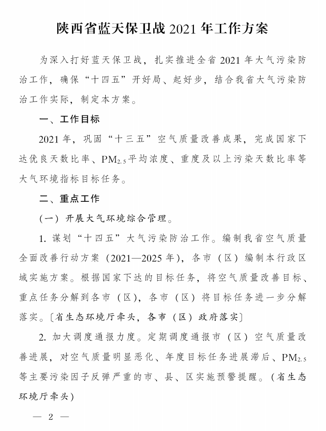 《陕西省蓝天保卫战2021年工作方案》印发