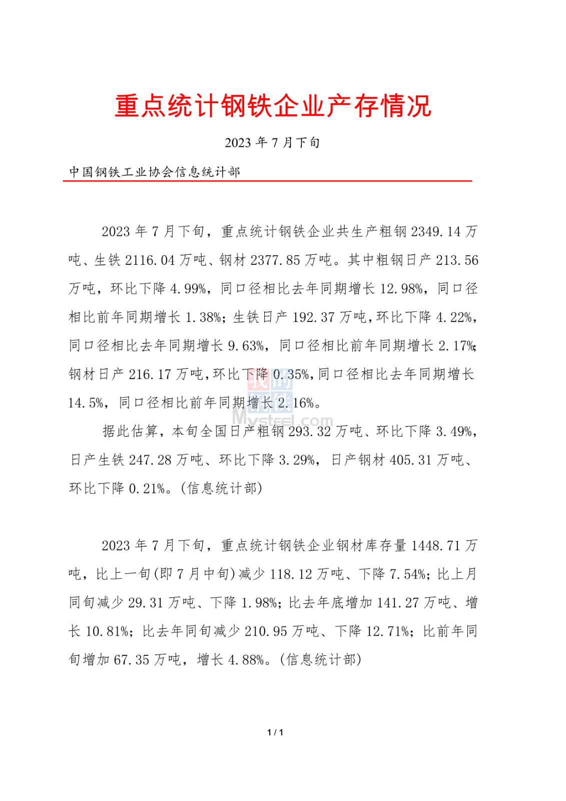 7月下旬，重点钢企粗钢日产213.56万吨，环比下降4.99%